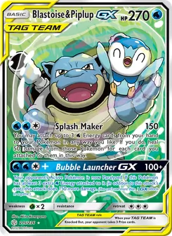 Blastoise & Piplup GX — Cosmic Eclipse #215, 2019. Illustrated by Akira Komayama.