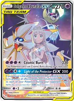 Solgaleo & Lunala GX — Cosmic Eclipse #216, 2019. Illustrated by Hideki Ishikawa.