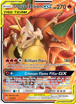 Charizard & Braixen GX — Cosmic Eclipse #22, 2019. Illustrated by Mitsuhiro Arita.