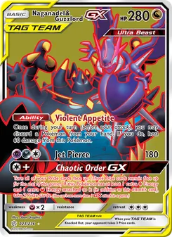 Naganadel & Guzzlord GX — Cosmic Eclipse #223, 2019. Illustrated by 5ban Graphics.