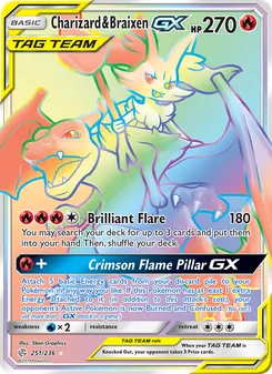 Charizard & Braixen GX — Cosmic Eclipse #251, 2019. Illustrated by 5ban Graphics.