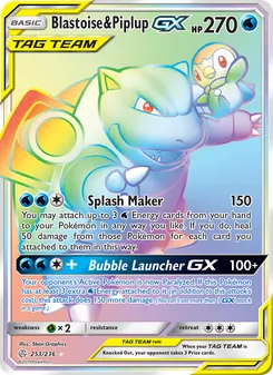 Blastoise & Piplup GX — Cosmic Eclipse #253, 2019. Illustrated by 5ban Graphics.