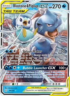 Blastoise & Piplup GX — Cosmic Eclipse #38, 2019. Illustrated by Mitsuhiro Arita.