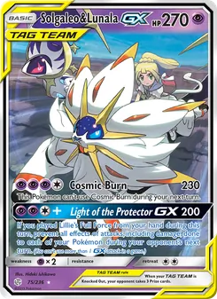 Solgaleo & Lunala GX — Cosmic Eclipse #75, 2019. Illustrated by Hideki Ishikawa.