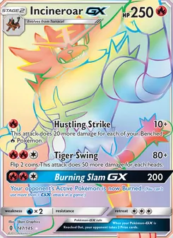 Incineroar GX — Guardians Rising #147, 2017. Illustrated by 5ban Graphics.