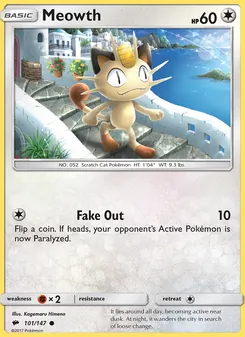 Meowth — Burning Shadows #101, 2017. Illustrated by Kagemaru Himeno.