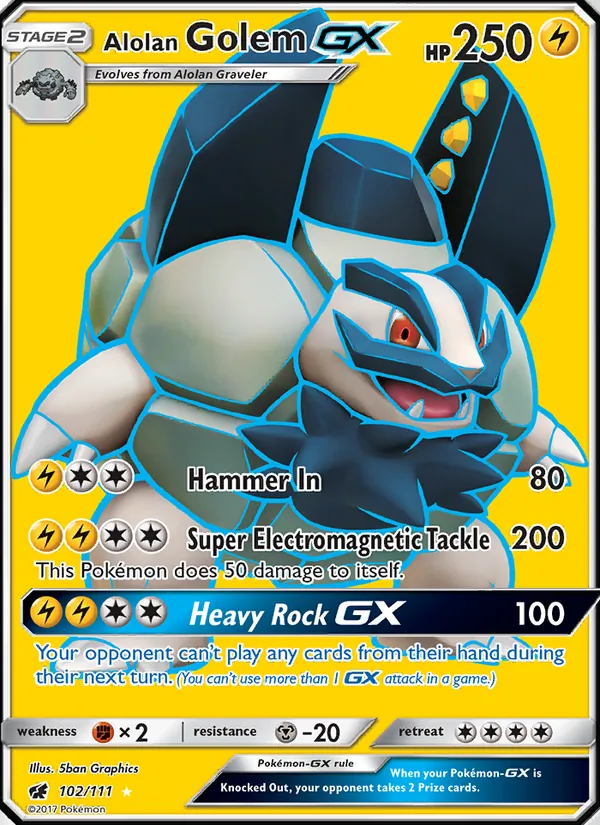 Alolan Golem GX — Crimson Invasion #102, 2017. Illustrated by 5ban Graphics.