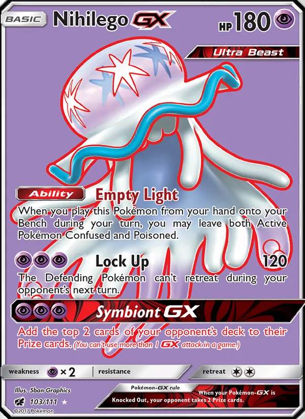 Nihilego GX — Crimson Invasion #103, 2017. Illustrated by 5ban Graphics.