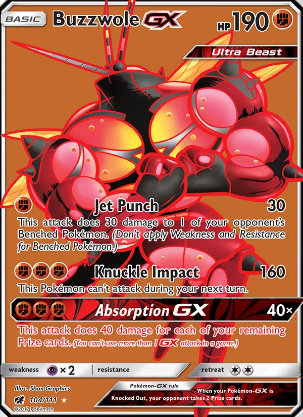 Buzzwole GX — Crimson Invasion #104, 2017. Illustrated by 5ban Graphics.