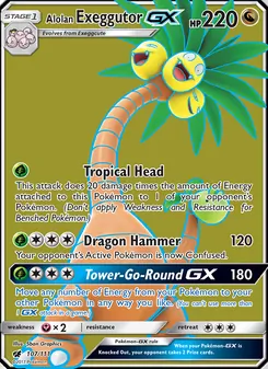 Alolan Exeggutor GX — Crimson Invasion #107, 2017. Illustrated by 5ban Graphics.