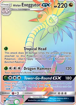 Alolan Exeggutor GX — Crimson Invasion #118, 2017. Illustrated by 5ban Graphics.