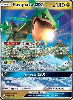 Rayquaza GX — Celestial Storm #109, 2018. Illustrated by 5ban Graphics.