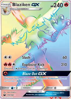 Blaziken GX — Celestial Storm #170, 2018. Illustrated by 5ban Graphics.