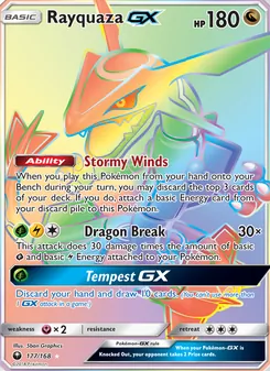 Rayquaza GX — Celestial Storm #177, 2018. Illustrated by 5ban Graphics.