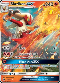Blaziken GX — Celestial Storm #28, 2018. Illustrated by 5ban Graphics.