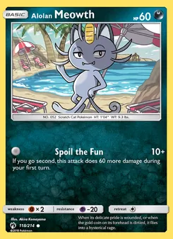 Alolan Meowth — Lost Thunder #118, 2018. Illustrated by Akira Komayama.