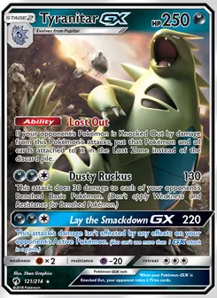 Tyranitar GX — Lost Thunder #121, 2018. Illustrated by 5ban Graphics.