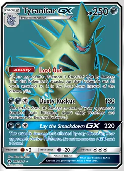 Tyranitar GX — Lost Thunder #203, 2018. Illustrated by 5ban Graphics.