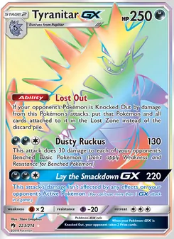 Tyranitar GX — Lost Thunder #223, 2018. Illustrated by 5ban Graphics.
