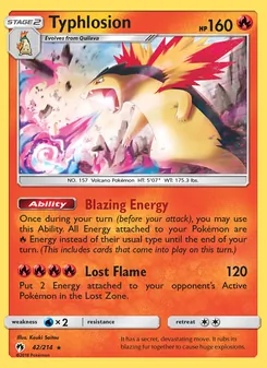 Typhlosion — Lost Thunder #42, 2018. Illustrated by Kouki Saitou.