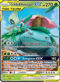 Celebi & Venusaur GX — Team Up #1, 2019. Illustrated by Mitsuhiro Arita.
