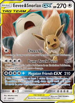 Eevee & Snorlax GX — Team Up #120, 2019. Illustrated by Mitsuhiro Arita.
