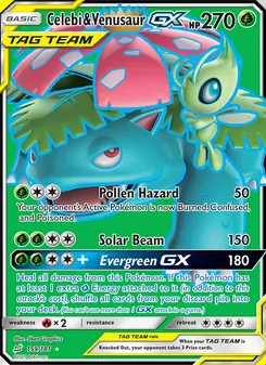 Celebi & Venusaur GX — Team Up #159, 2019. Illustrated by 5ban Graphics.