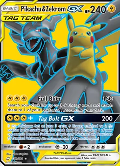 Pikachu & Zekrom GX — Team Up #162, 2019. Illustrated by 5ban Graphics.