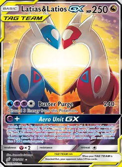 Latias & Latios GX — Team Up #170, 2019. Illustrated by Sanosuke Sakuma.