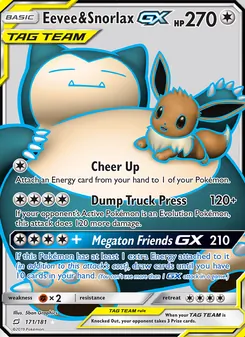 Eevee & Snorlax GX — Team Up #171, 2019. Illustrated by 5ban Graphics.
