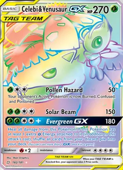 Celebi & Venusaur GX — Team Up #182, 2019. Illustrated by 5ban Graphics.