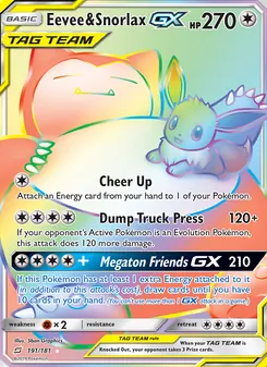 Eevee & Snorlax GX — Team Up #191, 2019. Illustrated by 5ban Graphics.