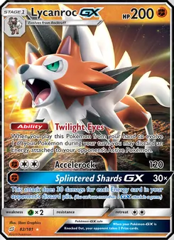 Lycanroc GX — Team Up #82, 2019. Illustrated by 5ban Graphics.