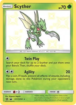 Scyther — Hidden Fates Shiny Vault #SV1, 2019. Illustrated by Shigenori Negishi.