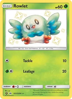 Rowlet — Hidden Fates Shiny Vault #SV2, 2019. Illustrated by sui.