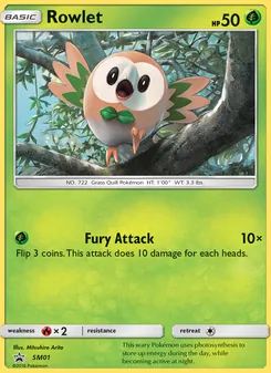 Rowlet — SM Black Star Promos #SM01, 2017. Illustrated by Mitsuhiro Arita.