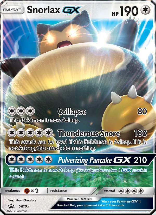 Snorlax GX — SM Black Star Promos #SM05, 2017. Illustrated by 5ban Graphics.
