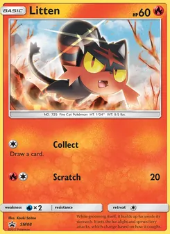 Litten — SM Black Star Promos #SM08, 2017. Illustrated by Kouki Saitou.