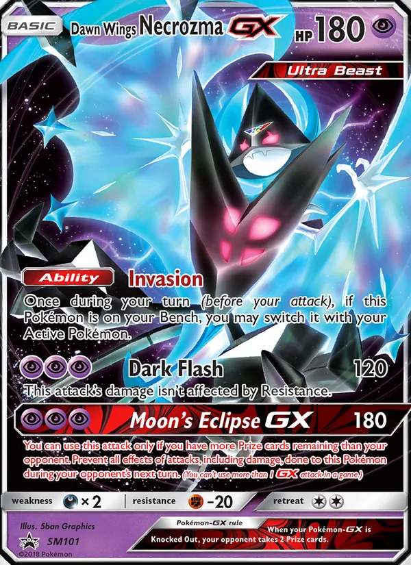 Dawn Wings Necrozma GX — SM Black Star Promos #SM101, 2017. Illustrated by 5ban Graphics.
