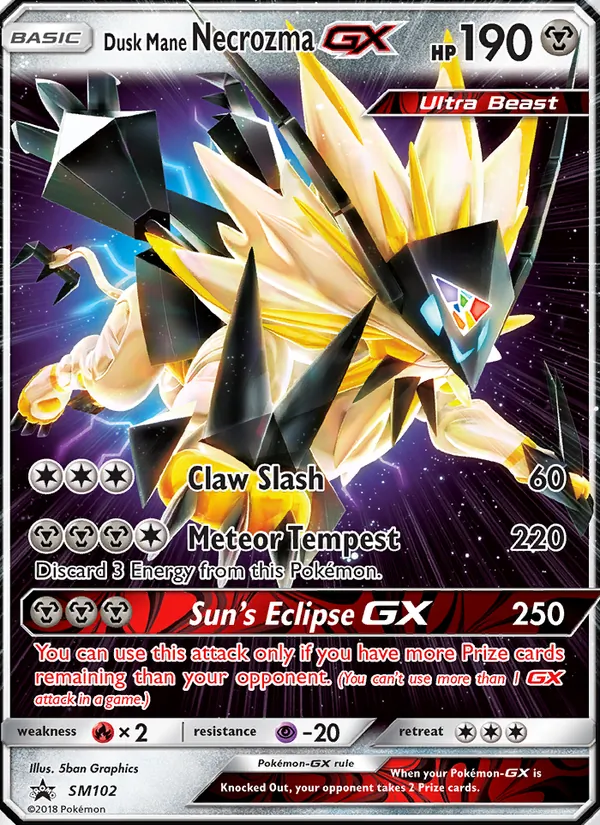 Dusk Mane Necrozma GX — SM Black Star Promos #SM102, 2017. Illustrated by 5ban Graphics.