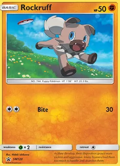 Rockruff — SM Black Star Promos #SM120, 2017. Illustrated by Hideki Ishikawa.