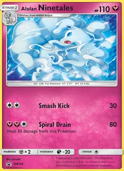 Alolan Ninetales — SM Black Star Promos #SM128, 2017. Illustrated by kirisAki.