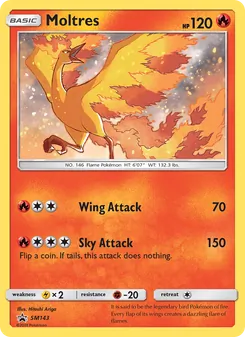 Moltres — SM Black Star Promos #SM143, 2017. Illustrated by Hitoshi Ariga.