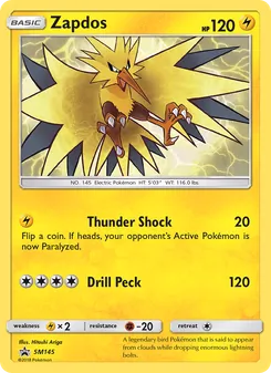 Zapdos — SM Black Star Promos #SM145, 2017. Illustrated by Hitoshi Ariga.