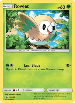 Rowlet — SM Black Star Promos #SM153, 2017. Illustrated by Masakazu Fukuda.