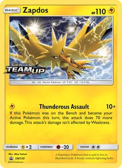 Zapdos — SM Black Star Promos #SM159, 2017. Illustrated by Misa Tsutsui.