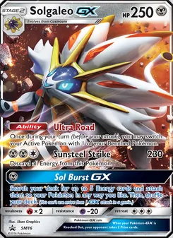 Solgaleo GX — SM Black Star Promos #SM16, 2017. Illustrated by 5ban Graphics.