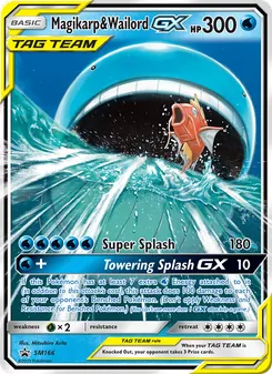 Magikarp & Wailord GX — SM Black Star Promos #SM166, 2017. Illustrated by Mitsuhiro Arita.