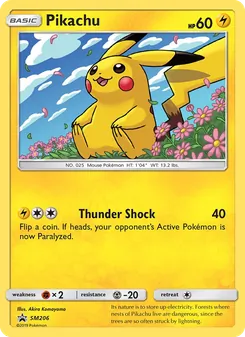 Pikachu — SM Black Star Promos #SM206, 2017. Illustrated by Akira Komayama.