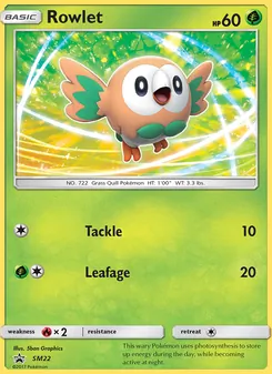 Rowlet — SM Black Star Promos #SM22, 2017. Illustrated by 5ban Graphics.